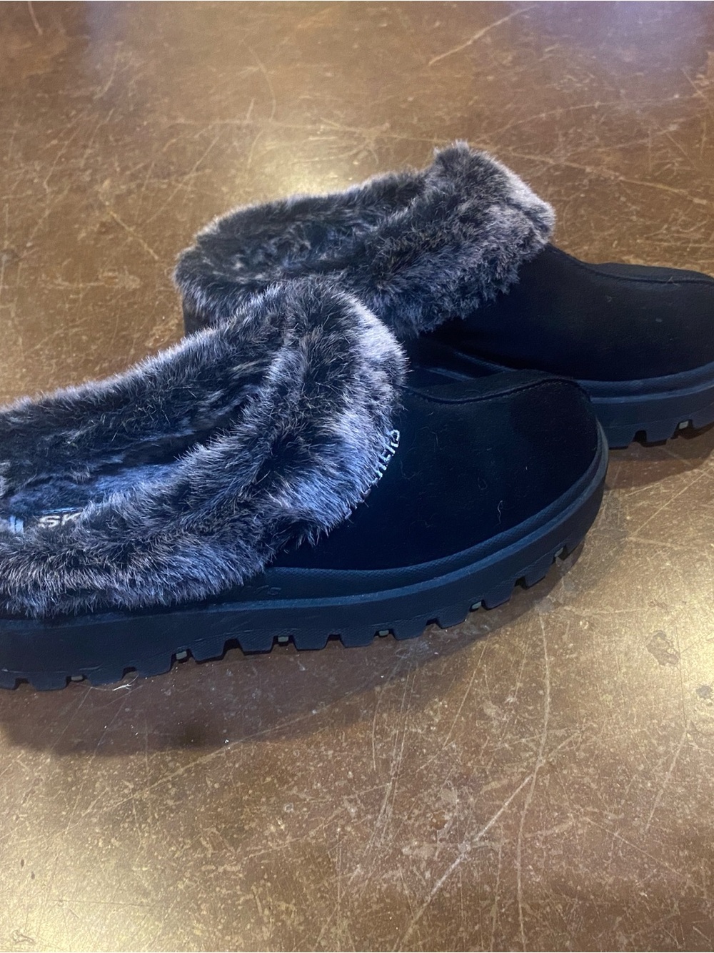 Skechers Black Slip-On Clog with Gray Faux-Fur Collar
